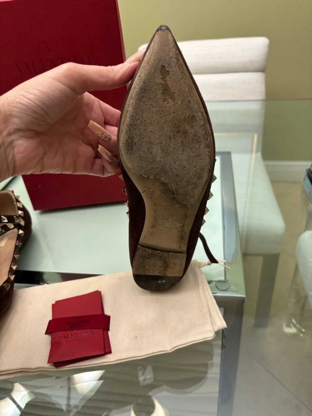 Authentic Valentino Brown Suede Rockstud Caged Pointed-Toe Flats